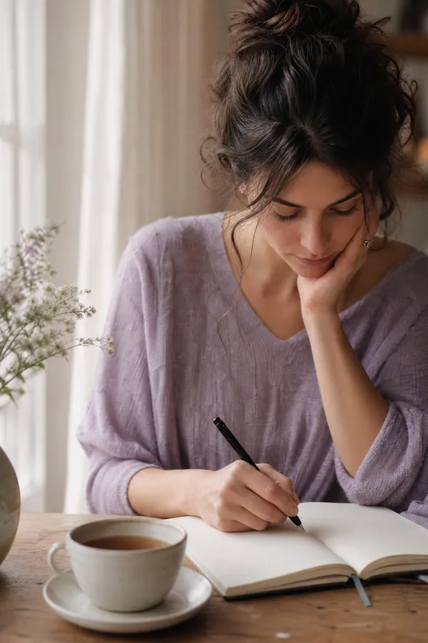 A person writing notes in a journal beside a cup of tea