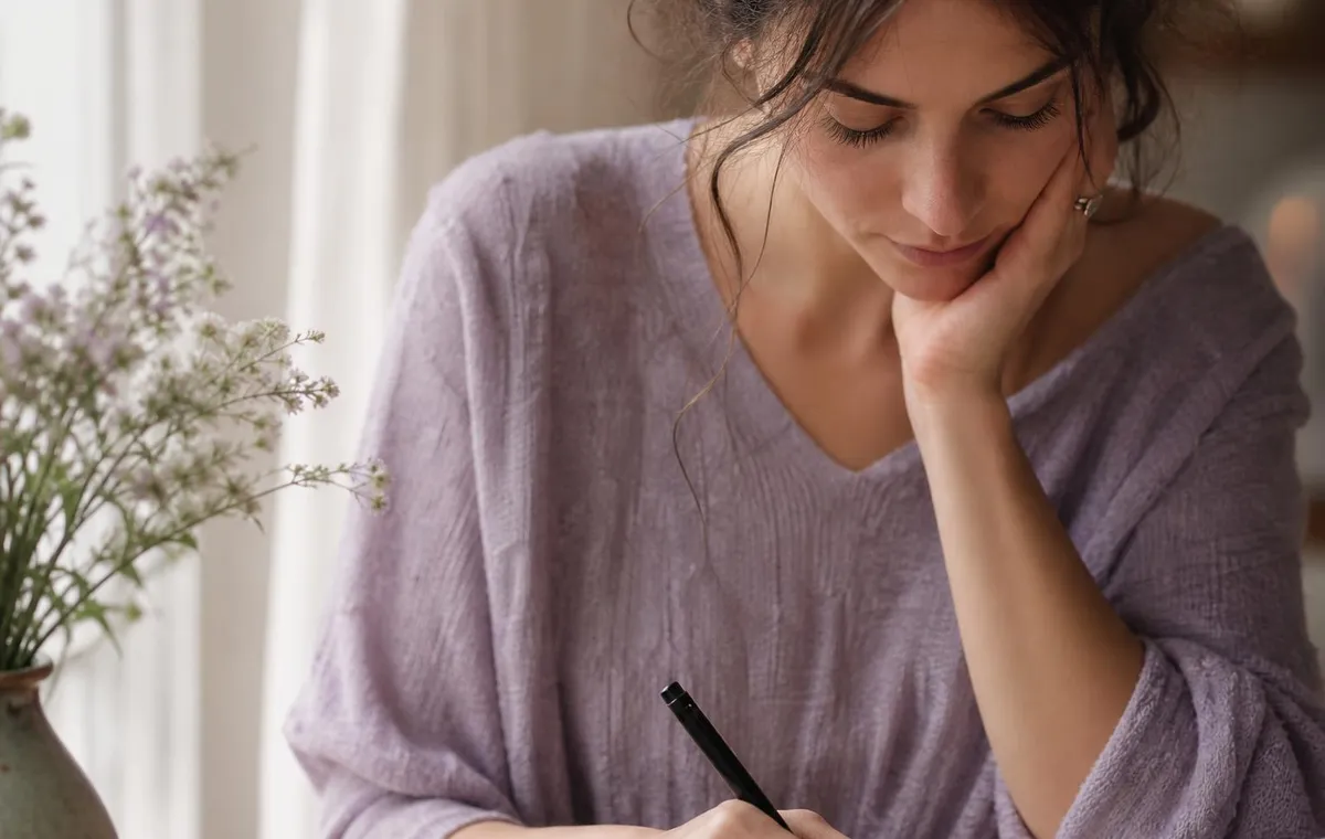 A person writing notes in a journal beside a cup of tea