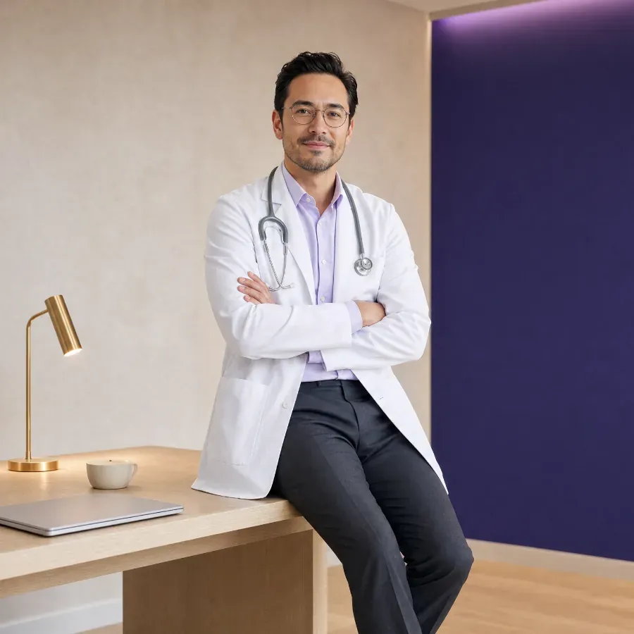 A clinician in a white coat standing beside a desk.