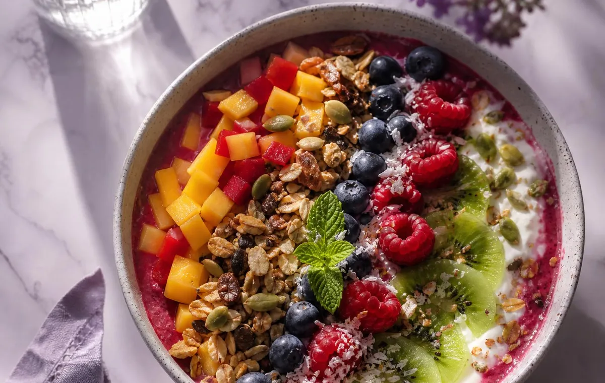 A colourful wholefood breakfast bowl and a glass of water on a counter