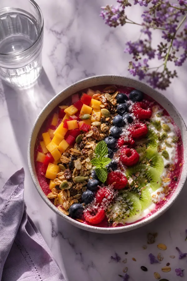 A colourful wholefood breakfast bowl and a glass of water on a counter